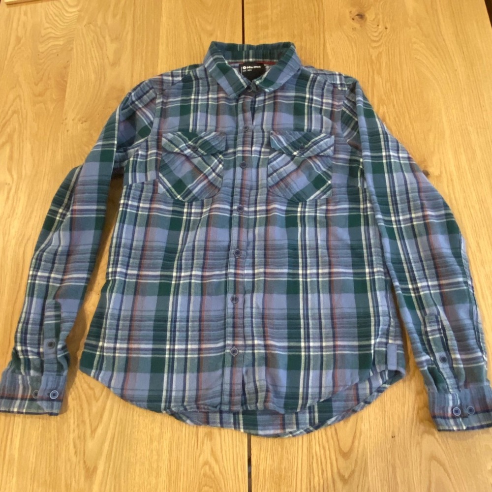 Marmot Flannel Shirt Bridget Midweight Green Blue Plaid Womens M Recycled Poly
